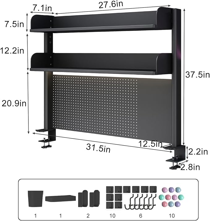 Clamp on Desk Shelf with Pegboard, Black Desktop Organizer Bookshelf Storage Shelves for Home Office Dorm Gaming Desk, Space Saving Tabletop Display Rack Organization, 31.5x37.5in