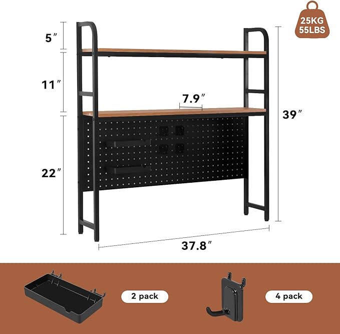 deli Desktop Bookshelf, Metal Desk Shelf Bookcase with Pegboard Hooks Set, 2 Tier Display Rack, Multipurpose Wood Desktop Hutch Storage Organizer for Dorm Office Home