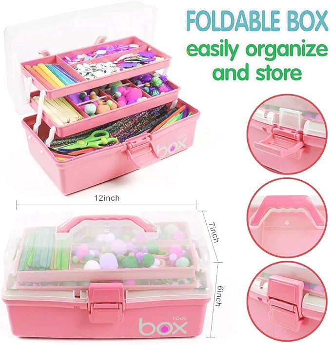 12in 3-Layer Plastic Craft Organizers and Storage, Portable Folding Tackle Box with Handle & Adjustable Dividers, Multipurpose Case for Sewing, Art Supplies, Medicine, Tools (Pink)