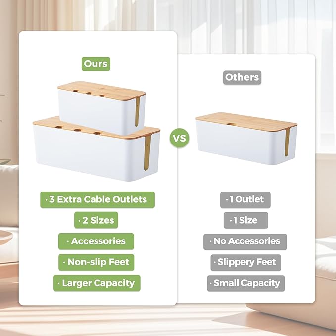 Cable Management Box 2 Pack, Cord Cable Organizer Box with Bamboo Lid, Under Desk Cable Management with 10 Cable Ties and 2 Cable Clip Holders for TV Router Computer USB Hub
