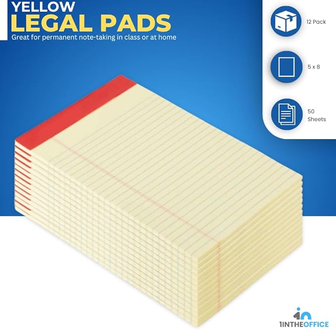 1InTheOffice Yellow Legal Pads 5x8, Notepad Narrow Ruled, Canary, 50 Sheets/Pad, Dozen Pads/Pack
