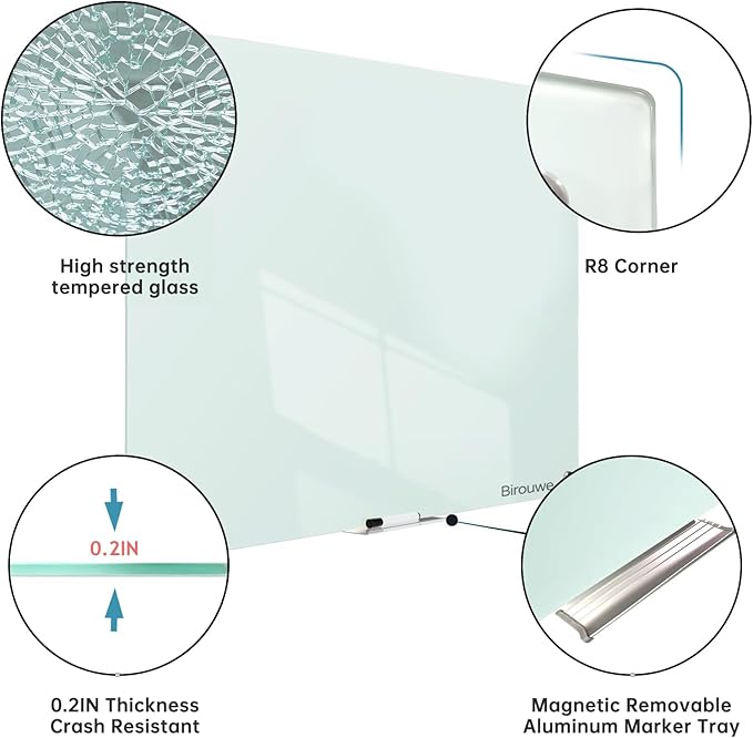 Magnetic Glass Whiteboard - Glass Dry Erase Board 48"x36" Large Frameless Board for Walls Office School and Home