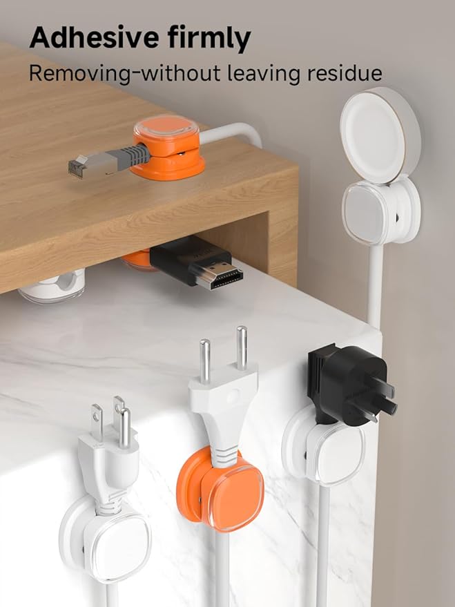 Magnetic Cable Clips, Adjustable Cord Holder Management, Adhesive Wire Keeper Organizer for Home Office Desk Phone PC Car Wall Desktop Nightstand Appliance (9-PCS White & Orange)