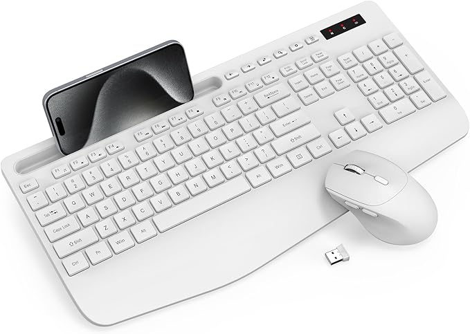 Wireless Keyboard and Mouse Combo - Full-Sized Ergonomic Keyboard with Wrist Rest, Phone Holder, Sleep Mode, Silent 2.4GHz Cordless Keyboard Mouse Set for PC, Laptop - Trueque (Pure White, 1 Pack)