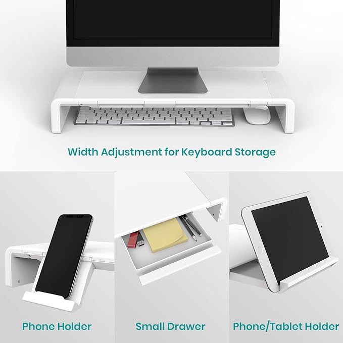 Monitor Stand Riser, Klearlook Foldable Computer Monitor Riser, Height Adjustable Computer Stand, Desk Shelf Riser with Storage Drawer & Tablet Phone Stand for Computer, Desktop, Laptop (White 2 Pack)