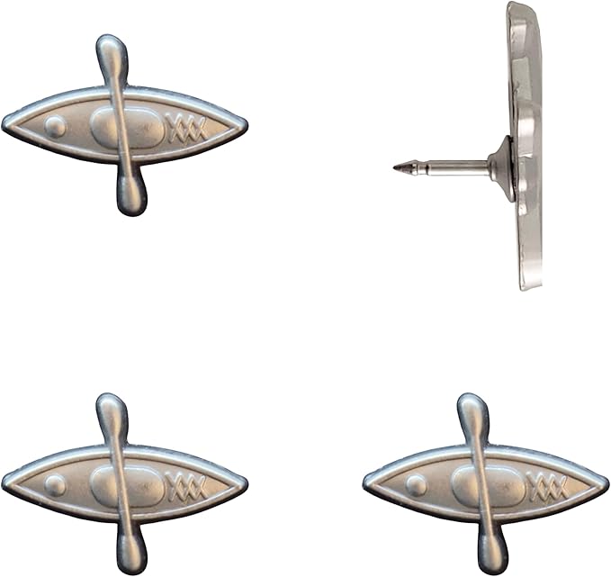 Kayak Push Pins - Silver Kayak Map Pins for Cork Boards, Maps, or Lapel Use - Designed in USA - Set of 4