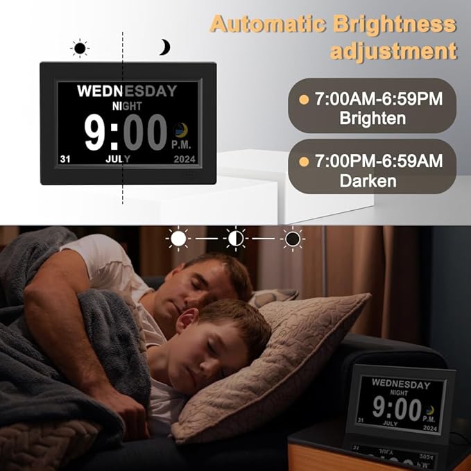 CAZOKASI 8inch Extra Large Impaired Vision Digital Alarm Clock with Day and Time for Elderly Calendar Clock Auto Dimmable Clock