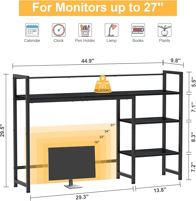 Snughome Desk Shelf, 44.9" Large Desktop Organizer Shelf, Desk Hutch for Monitor, 4 Tier Display Rack, Wooden Desktop Bookshelf Storage Rack for Home Office Dorm