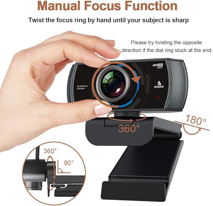 NexiGo N980P 1080P 60FPS Webcam with Microphone, HD USB Computer Camera, Built-in Dual Noise Reduction Mics, 120 Degrees Wide-Angle for Zoom/Skype/FaceTime/Teams, PC Mac Desktop (Renewed)