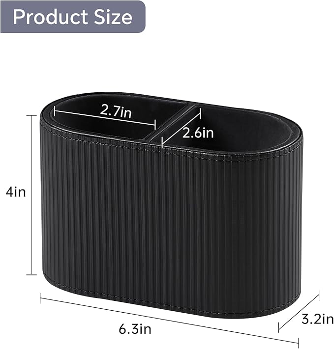 PU Leather Pen Holder for Desk, Small Remote Control Holder Pencil Cup Multifunctional Desktop Organizer Caddy for Home School Office Desk Accessories - 2 Compartments (Black Ribbed Texture)