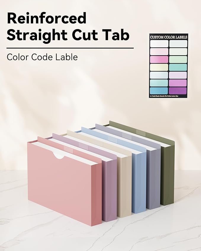 ANSOOK Plastic Manila File Jackets & File Pockets,Extra Capacity 2" Legal Size Manila Job File Folder,12 Pack Expansion Project File Jackets,Heavy Duty Legal File Cabinet Folder with Straight Cut Tab