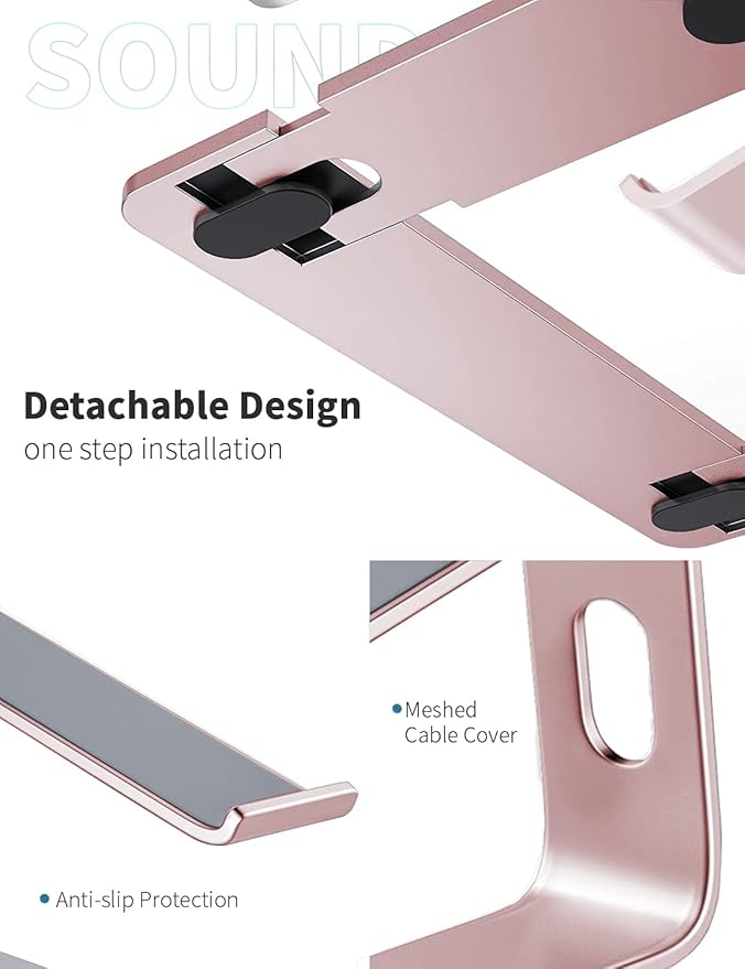 SOUNDANCE Laptop Stand, Aluminum Computer Riser, Ergonomic Laptops Elevator for Desk, Metal Holder Compatible with 10 to 15.6 Inches Notebook Computer, Gold Pink