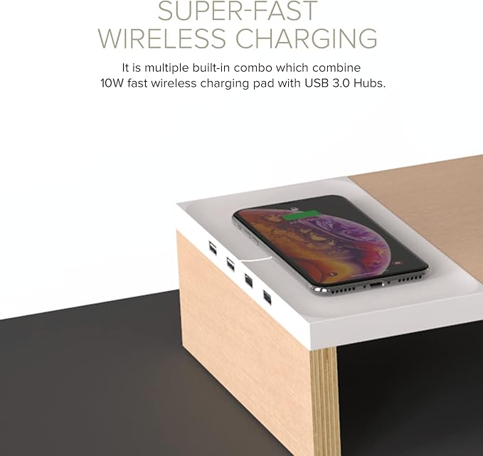 POUT E9 Dual Monitor Stand with Drawer - Wireless Charger and USB Hub (Maple White)
