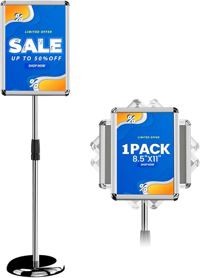 Sign Holder Poster Stand - 8.5 x 11 Inch Vertical & Horizontal Sign Stand Displayed Poster Holder - Round Corner sign holder for Display, Advertisement & Outdoor sign holder, Silver (1 Pack)
