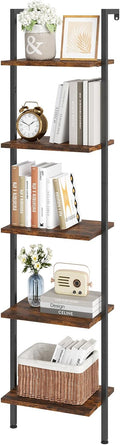 ELYKEN Ladder Shelf, 5-Tier Wood Wall Mounted Bookshelf with Metal Frame, Vintage Open Display Organizer Rack, Leaning Storage Shelves for Living Room, Bedroom, Home Office, Rustic Brown