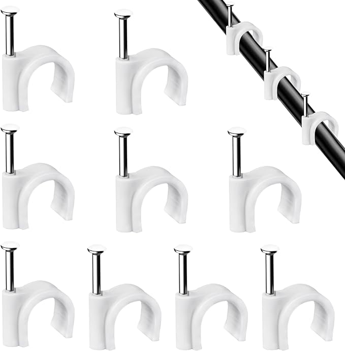 Cable Clips, 100 Pcs, 7mm, Wire Wall Clips with Steel Nails, Cable Management Organizer Clips, Cable Tacks Coax Holder Clips, RG6 RG59 CAT6 RJ45 Cable Cord Clips, White