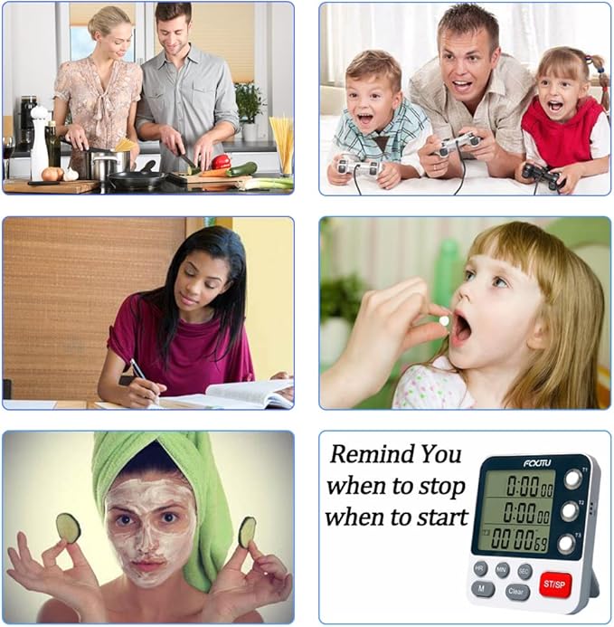 FCXJTU Digital Dual Kitchen Timer, 3-Channel Magnetic Countdown Stopwatch Timer for Cooking, Large Display, Loud Alarm, 100Hr Multi Food Classroom Timer for Seniors & Teachers (Battery Included)