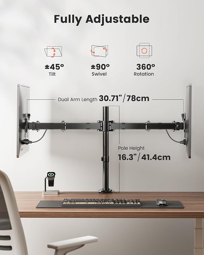 ErGear Dual Monitor Stand, Heavy Duty Adjustable Monitor Desk Mount for 2 Screens up to 32 Inches, Fully Adjustable Height, Tilt, Swivel, Rotate, Supports 17.6 lbs per Monitor Arm, Easy Installation