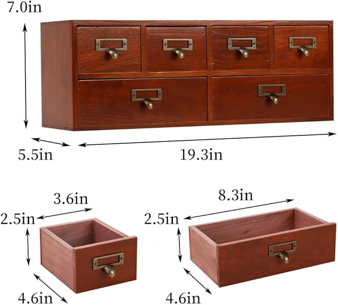 Apothecary Drawers Wooden Storage Box with 6 Drawers Vintage Countertop Wooden Drawers Apothecary Cabinet Library Card Catalog Cabinet （BROWN）