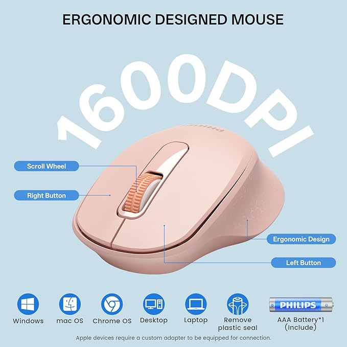 PHILIPS Wireless Keyboard and Mouse Combo-Ergonomic Keyboard and Mouse Wireless Combo with Silent Design,Plug n' Play,Sleep Mode and 2.4GHz Keyboard for Mac, Windows, Laptop-Pink