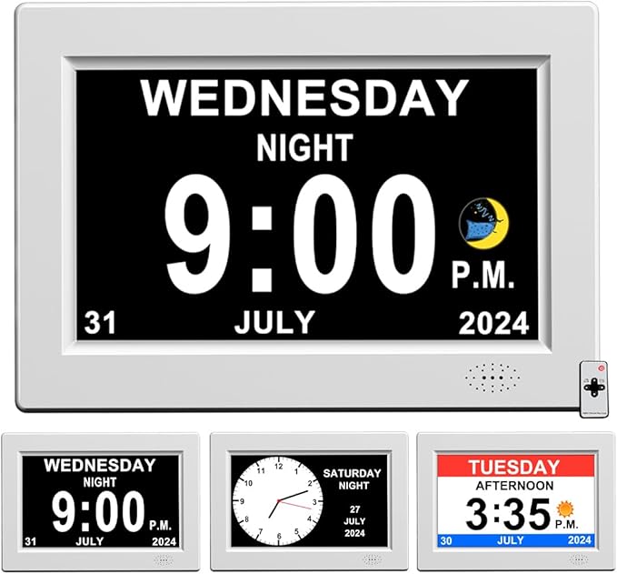 CAZOKASI 8inch Extra Large Impaired Vision Digital Alarm Clock with Day and Time for Elderly Calendar Clock Auto Dimmable Clock