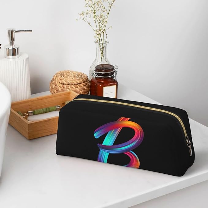 Cute Initial Pencil Case for Kids Simple Leather Pencil Pouch for Boys Girls Letter Design Pencil Box Pen Bag Pencil Pouch Office Stationery Organizer, Rainbow Letter B
