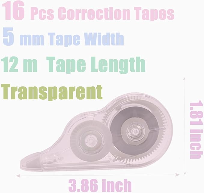 Tramboo 16 Pcs 39.4 Ft Clear Correction Tape, White Wrong Out Tape Roller Bulk for Noting, Teacher Supplies, School, Office