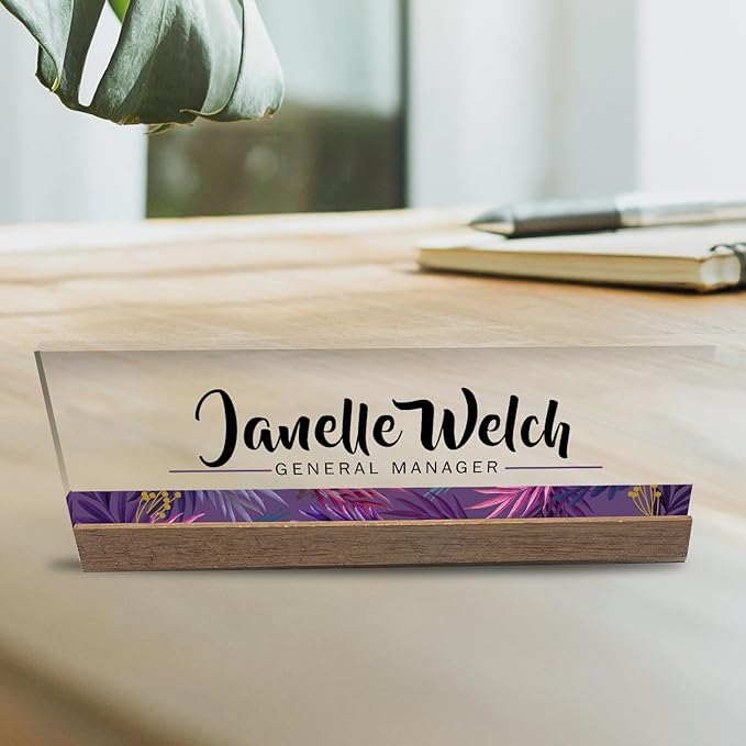 Artblox Personalized Office Desk Name Plate and Business Card Holder | Clear Acrylic Glass with Teak Wood Stand | Purple Stripe Design Customized with Your Name and Credentials Office Desk Décor