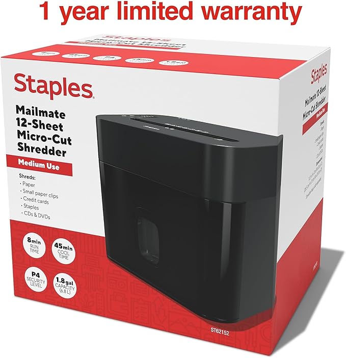 Staples 12-Sheet Micro-Cut Shredder – Compact High-Security Shredder for Home & Office, Destroys Paper & Credit Cards