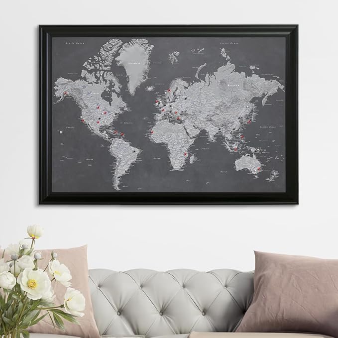 Push Pin Travel Maps - Stormy Dreams World - Black Frame Framed Pin Map for Tracking Your Travels - 27.5" x 39.5" - 8 Handcrafted Frame Options - Made in USA - Ideal for Any Traveler