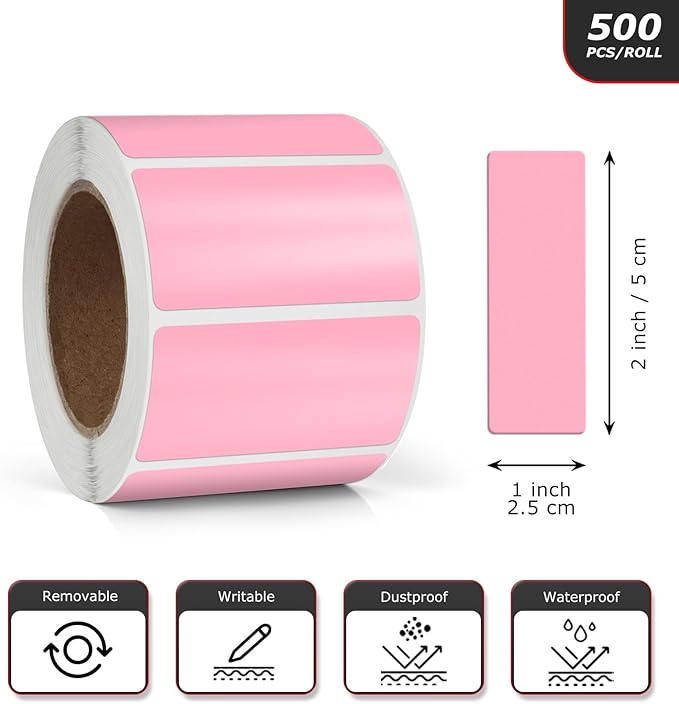 Meitaat Pink Rectangle Stickers 2 x 1 Inch Color Coding Labels Vinyl Roll Self-Adhesive Waterproof Removable 500 PCS