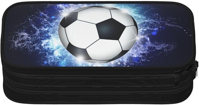 Boys Soccer Pencil Box Black Blue Pencil Case for Kids Teens, Big Capacity Canvas Storage Pouch Marker Pen Bag Stationery Organization Bag, Portable Sports Travel Storage Box Desk Office Organizer