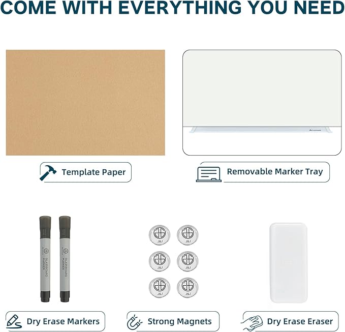 J&J worldwide Magnetic Glass Whiteboard 6' x 4', Large Frameless White Boards for Walls 72 x 48 Inches, Large Dry Erase Board for Office, Home, School