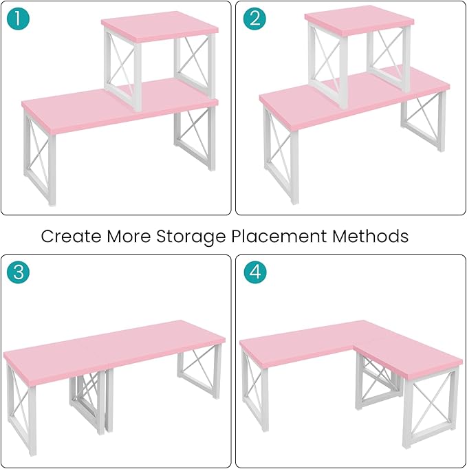 ELITEROO Desktop Shelf, 2 Tier Independent Stackable Desk Stand, Adjustable Freestanding Table Top Mini Bookshelf, Aesthetic Storage Organizers for Women/Girls/Daughter, Pink