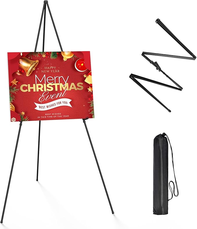 Thicken Display Easel Stand for Wedding - 63" Instant Tripod Collapsible Portable Sturdy Floor Easel - Easy Folding Adjustable Poster Metal Stand for Signs, Display Show, Artist, Art, Painting - Black