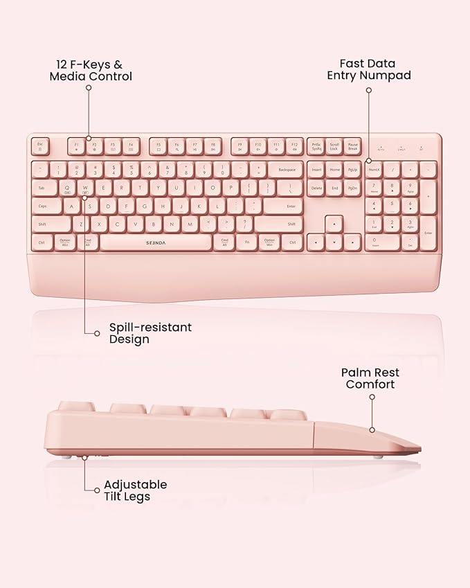 seenda Wireless Bluetooth Keyboard and Mouse Combo, COE200 Ergonomic Wireless Keyboard Mouse with Wrist Rest, Multi-Device Connection, Full-Size, Compatible for Computer/Laptop/Mac/MacBook, Pink