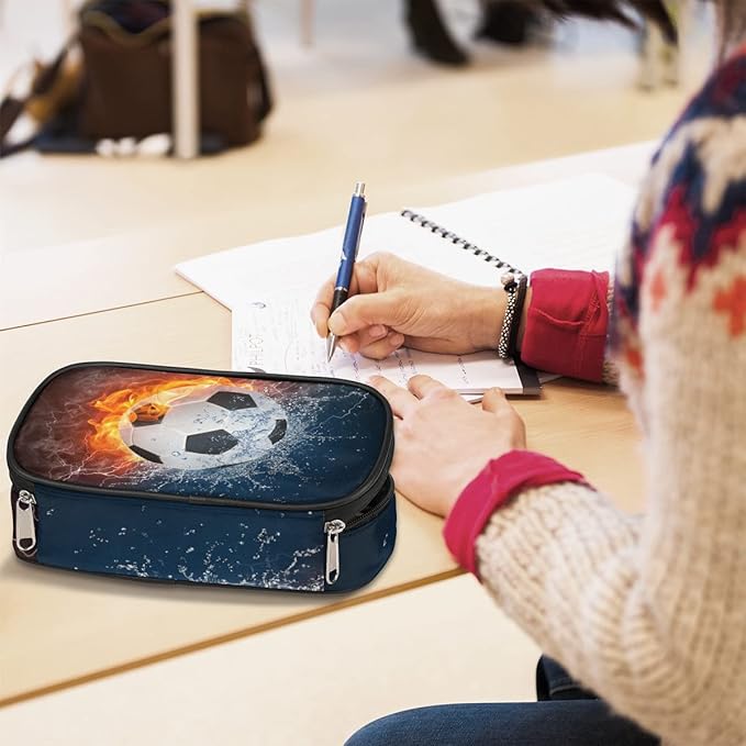 Pardick Soccer Big Capacity Pencil Pen Case Flame Soccer Large Pencil Pouch with Zipper Compartments Pencil Bag for Boys Girls Adults Student Office School Supplies