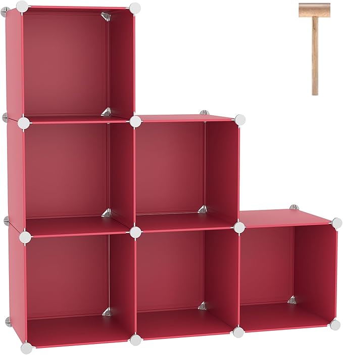 C&AHOME 6-Cube Storage Organizer, Stackable Storage Cubes Shelves, Portable Bookshelf, Plastic Clothing Storage Closet Organizer, DIY Modular Shelving Units for Wardrobe, Home, Red