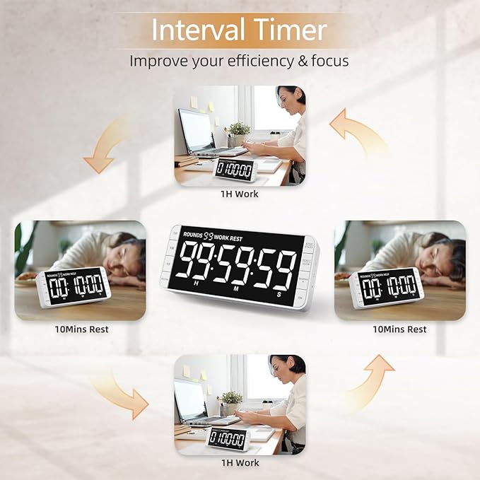 7.8'' Extra Large LED Kitchen Timer: 99H Countdown Countup with 3 Brightness, 5 Alarms & 4 Volume Levels, Magnetic Rechargeable Timer for Cooking, Classroom, Home Gym