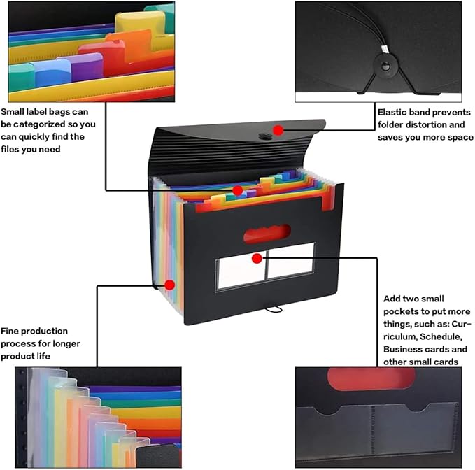 Accordian File Organizer,13 Pockets Expanding File Folder with Expandable Cover,Portable Filing Box,Desktop Accordion Folders,Plastic Colored Paper Document Paperwork Receipt Organizer(A4/Letter Size)