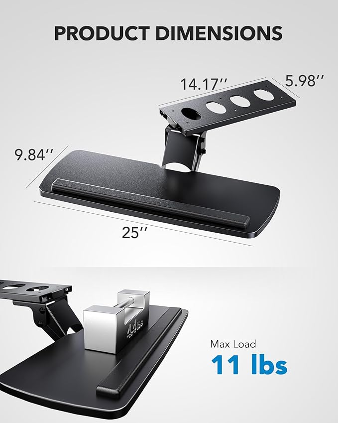 HUANUO Keyboard Tray Under Desk, 360 Adjustable Ergonomic Sliding Keyboard & Mouse Tray, Under Desk Keyboard Tray Slide Out, Keyboard Holder Under Desk for Typing in Home, Office Work, 25"W x 9.84"D