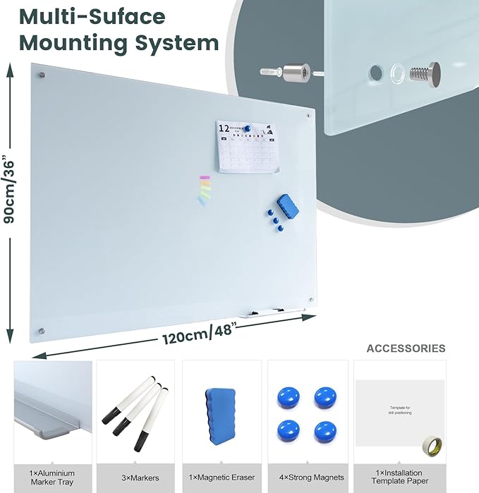 Magnetic Glass Whiteboard 48"x36" Glass Dry Erase Board 48"x36" Frameless Wall Mounted White Board Writing Board Glassboard for Office School Home Shop