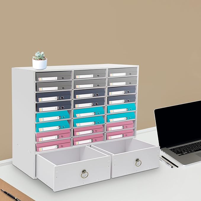 DYRABREST Wooden Literature Organizer 24 Slots Paper and Mail Organizer Storage Cabinet Desktop File Sorter with 2 Drawers, Adjustable Shelves for Home & Office School Mailrooms