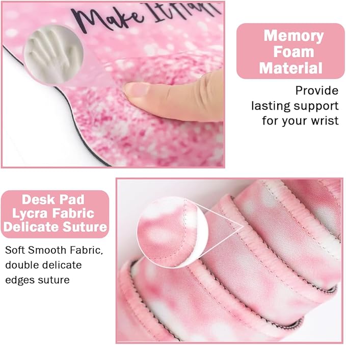 4-in-1 Gaming Mouse Pad Wrist Support Set，Desk Pad + Mouse Pad with Wrist Rest + Keyboard Wrist Rest + Coaster, Ergonomic Design for Home Office Study Game - Pink Stay Positive