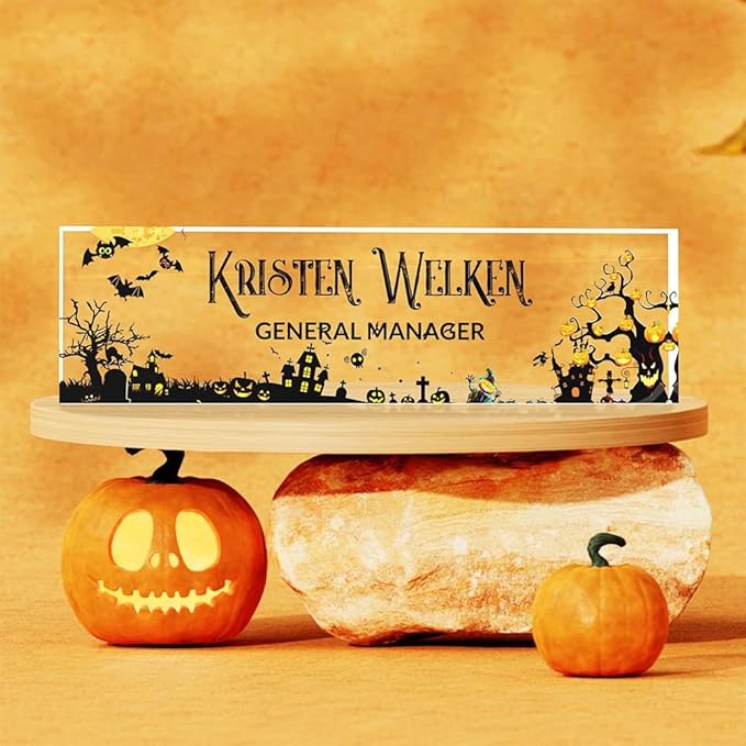 Personalized Name Plate for Desk | Halloween Decor for Work | Custom Desk Decor for Classroom | Acrylic Office Desktop Decorations | Holiday Gifts (Halloween Pumpkin Party)