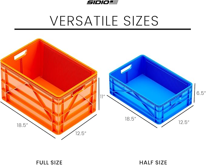 SIDIO Crate Basic Pack - 2 Full-Size & 1 Half-Size Heavy Duty Stackable Storage Bins, Totes and Containers with Dividers - Durable Plastic Organizer for Home, Office, Garage, and Outdoor Use