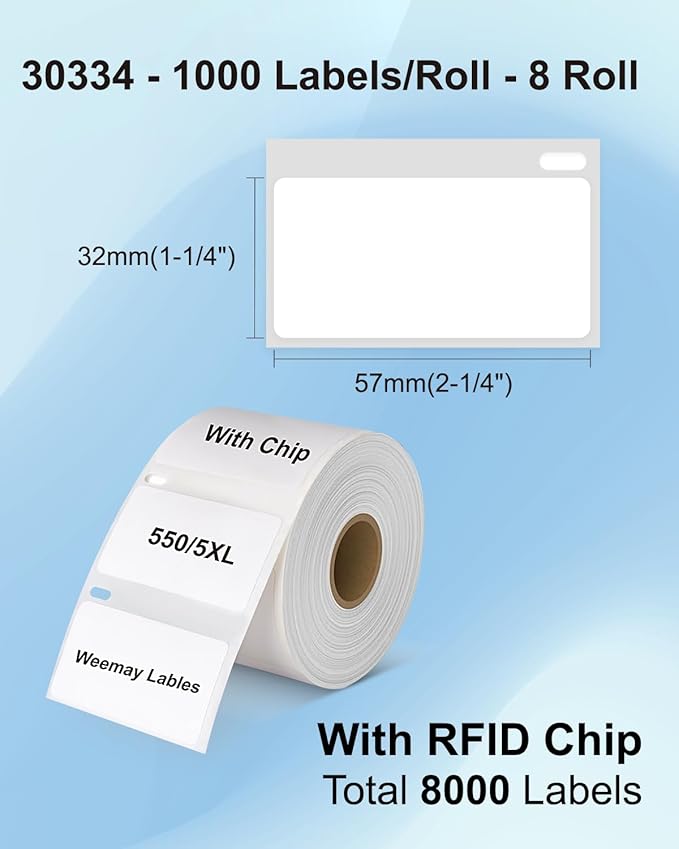 Weemay 8-Roll 30334 FNSKU Barcode Multi-Purpose Labels with RFID Chip, Compatible for DYMO LabelWriter Printers 5XL, 550, 550 Turbo, 4XL, 450, Wireless, 450 Duo, 2-1/4" x 1-1/4", Total 8000 Labels