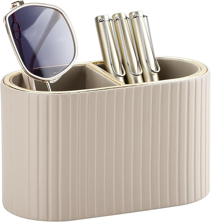 KINGFOM PU Leather Desk Organizer Pen Holder – Dual-Compartment Stylish Pencil Cup Remote Control Holder Desktop Supplies and Accessories Organizer Caddy for Office Home School (Mocha Beige)