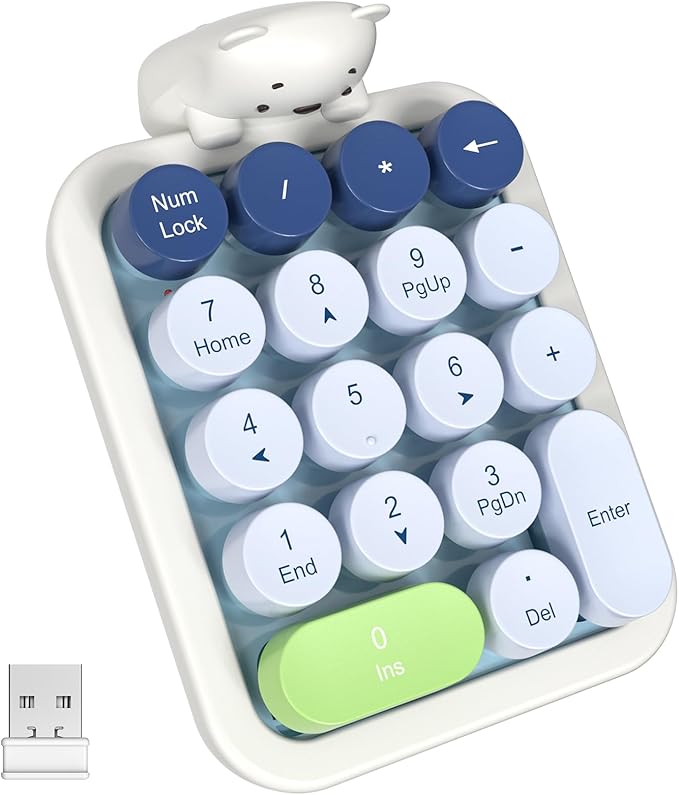 MOFII Wireless Number Pad with Bear - Mixed Blue Numeric Keypad 18 Keys 2.4G Round Keycap Colorful Extensions Cute Numpad, Portable Accounting Financial Retro Numpad 10 Key for Laptop/PC/Notebook