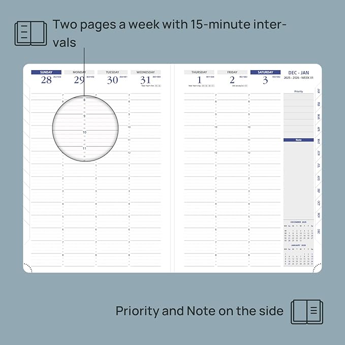 POPRUN 2026 Weekly Planner (A4 Size-8.25'' x 11.75''), 15-Minute Appointment Book (Jan 2026-Dec 2026) with Monthly Tabs, Inner Pockets, Pen Holder, PU Leather Softcover, 100GSM - Burgundy